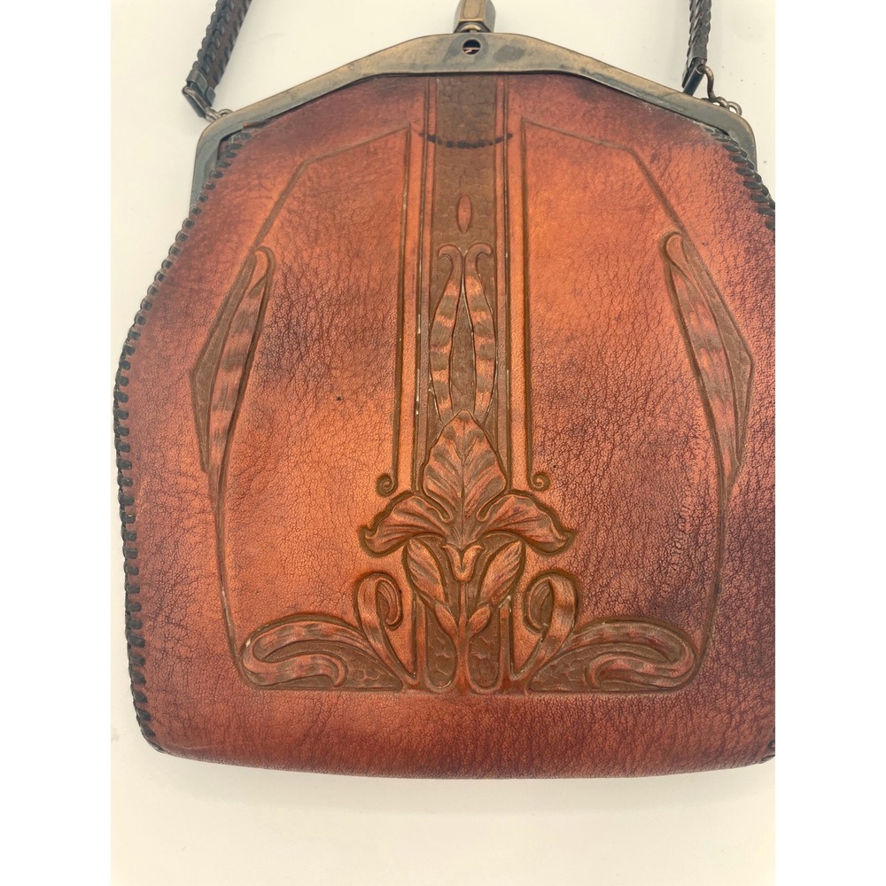 Vintage Tooled Leather Handbag Brown Art Nouveau Floral Embossed Frame Bag - Picture 5 of 12